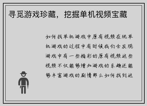 寻觅游戏珍藏，挖掘单机视频宝藏