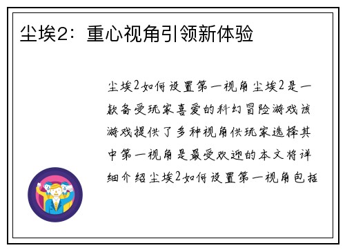 尘埃2：重心视角引领新体验